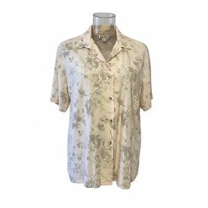 Vintage Koret Monterey Petites Ivory Blouse Pink Green Floral Accents 14P Button